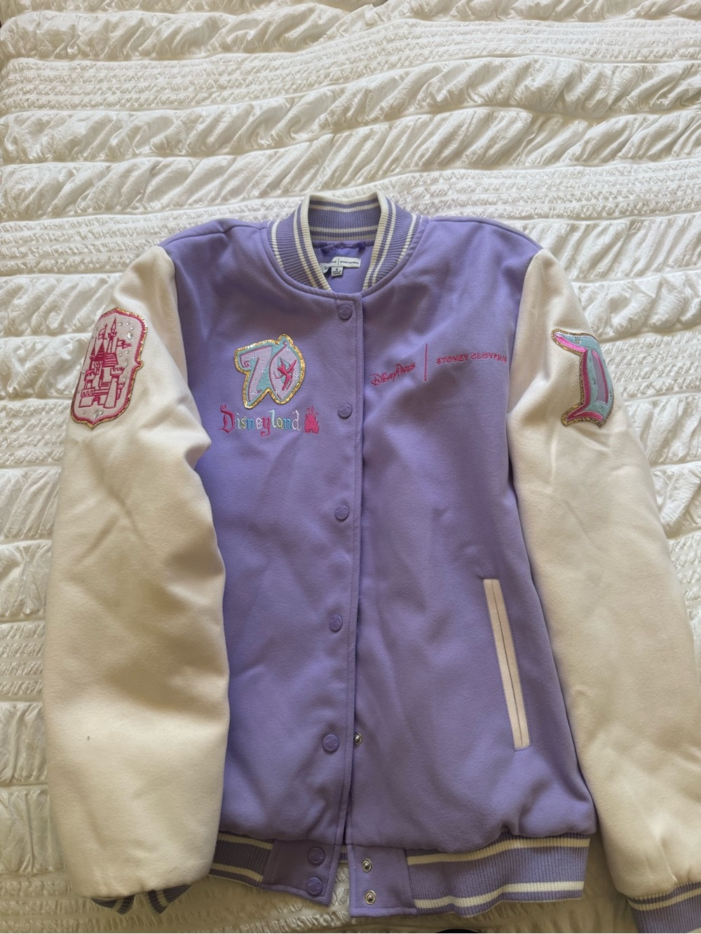 Stoney Clover Lane Disneyland 70th Anniversary Lavender & Cream Varsity Jacket